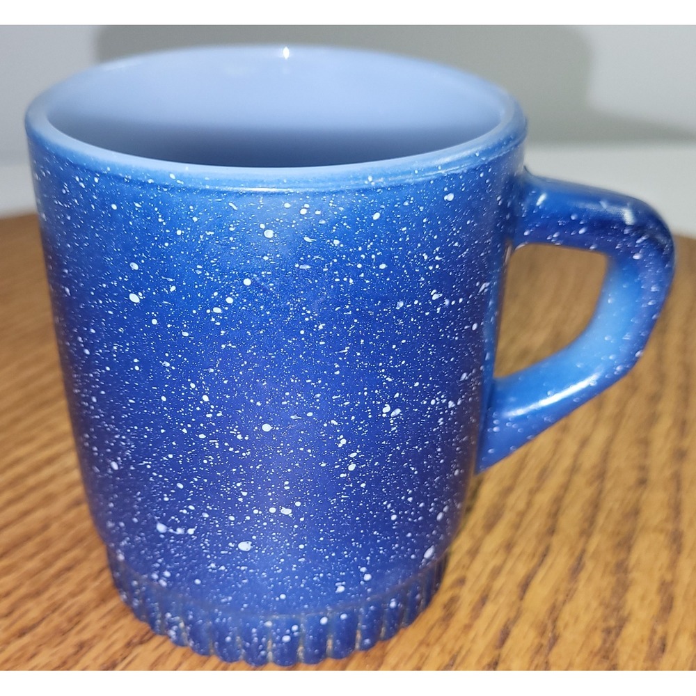 Fire King Coffee Mug Blue Speckled Milk Glass Ribbed Stackable D-Handle Vintage